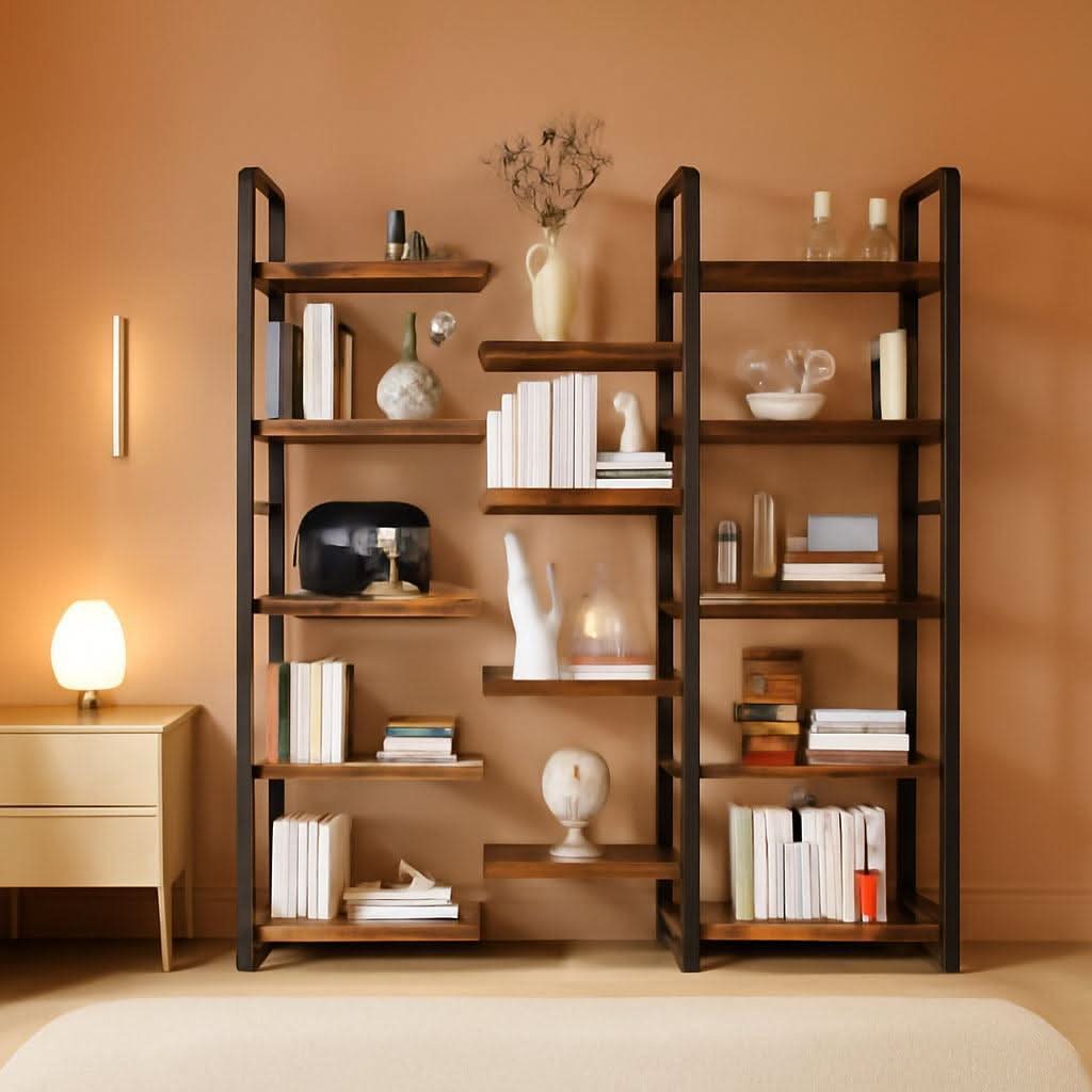 Rustic Brown Large Five Tier Bookshelf With Steel Frame