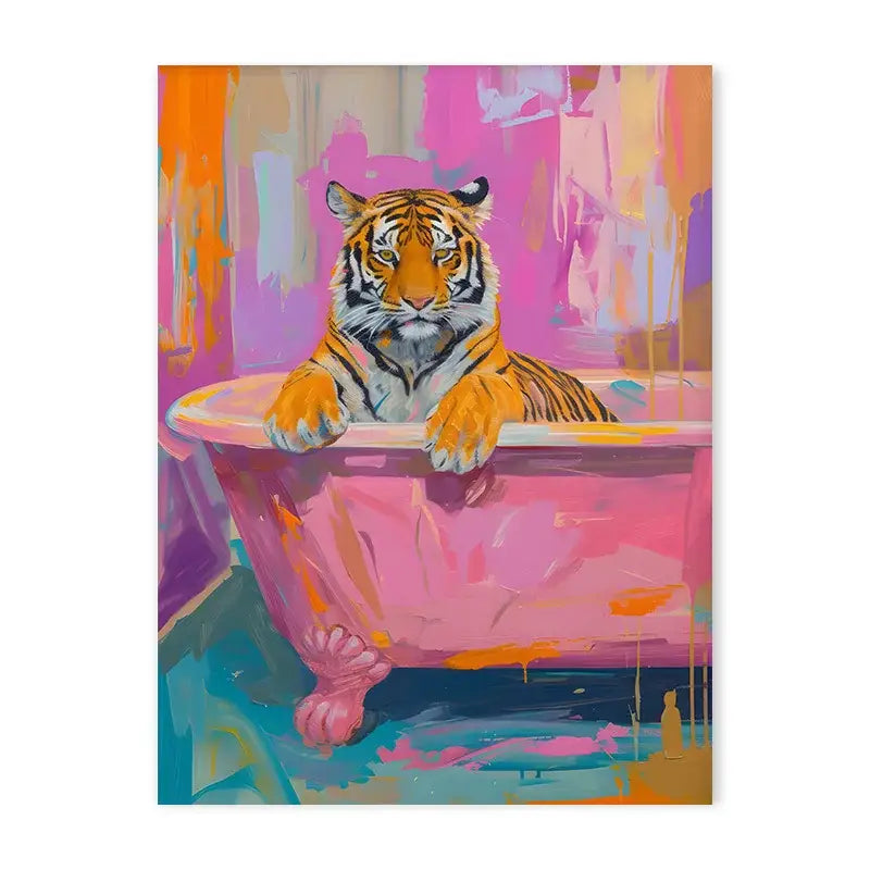 Vibrant tiger in pink bathtub animal canvas wall art bedroom decor