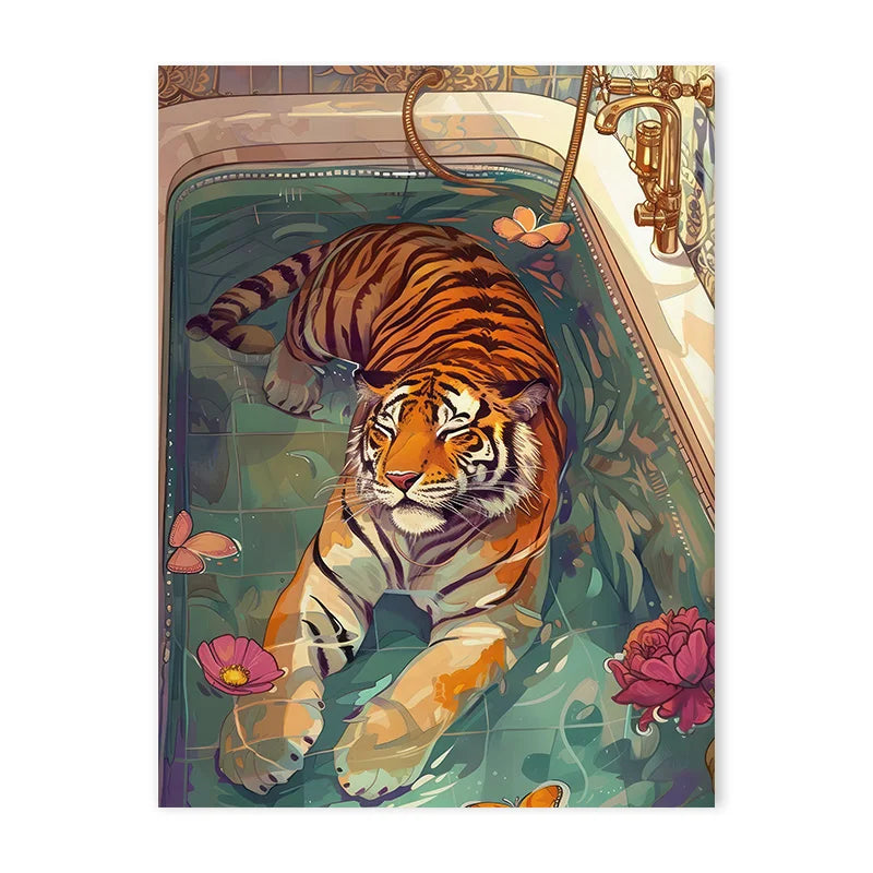 Vibrant tiger in pink bathtub animal canvas wall art bedroom decor