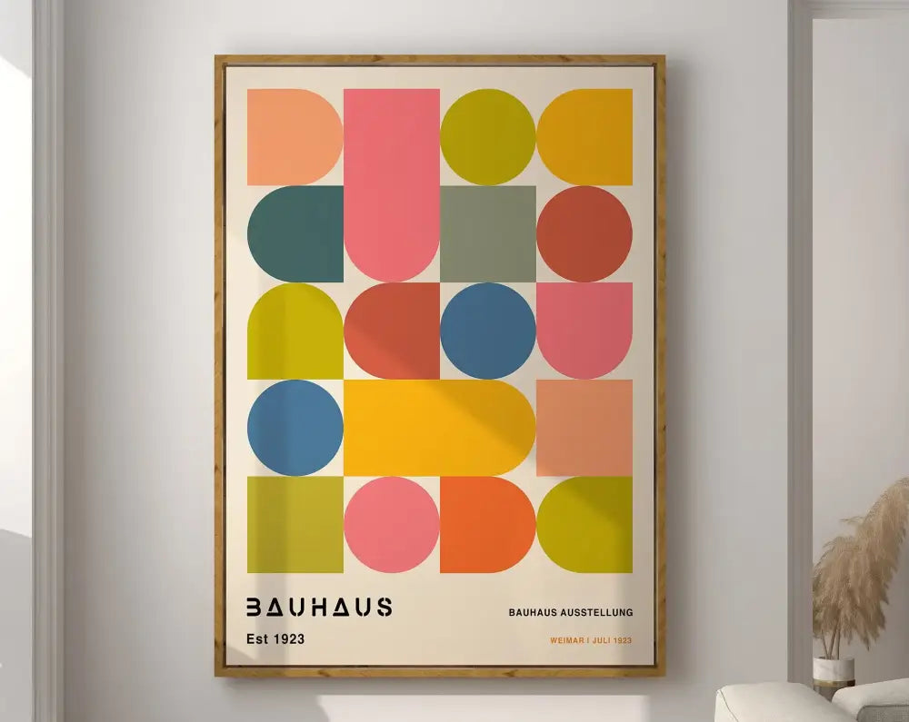 Bauhaus geometric canvas art orange & pink living room framed poster