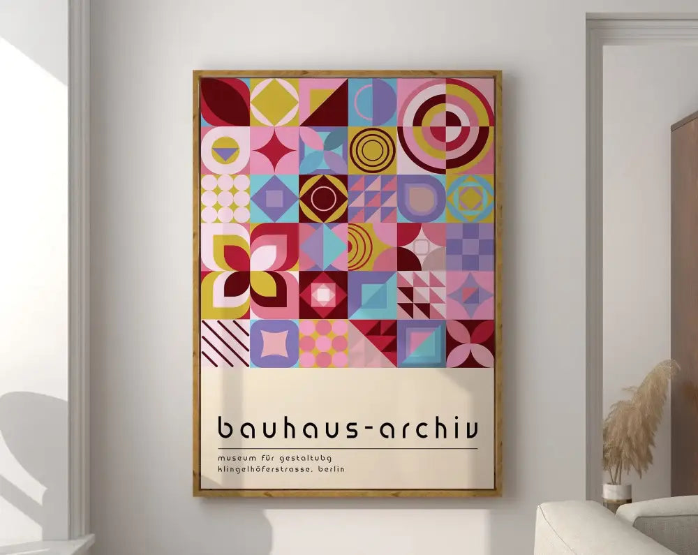 Bauhaus geometric canvas art orange & pink living room framed poster