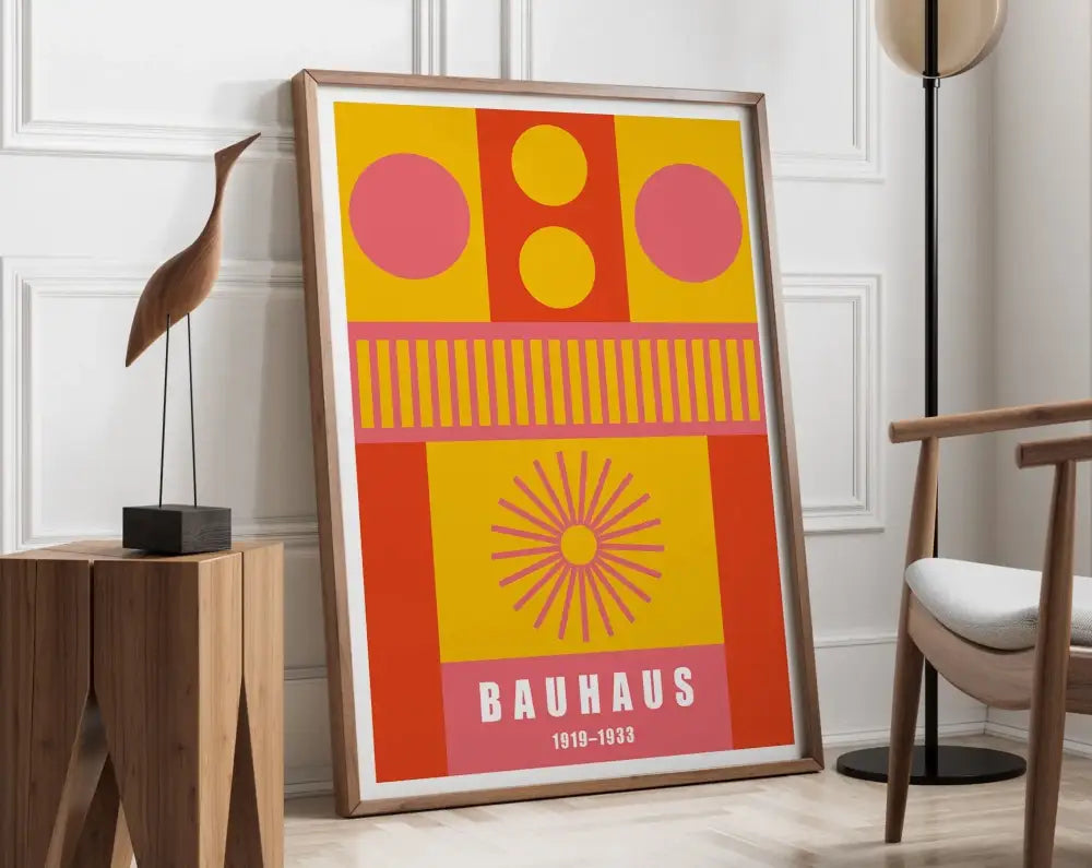 Bauhaus geometric canvas art orange & pink living room framed poster
