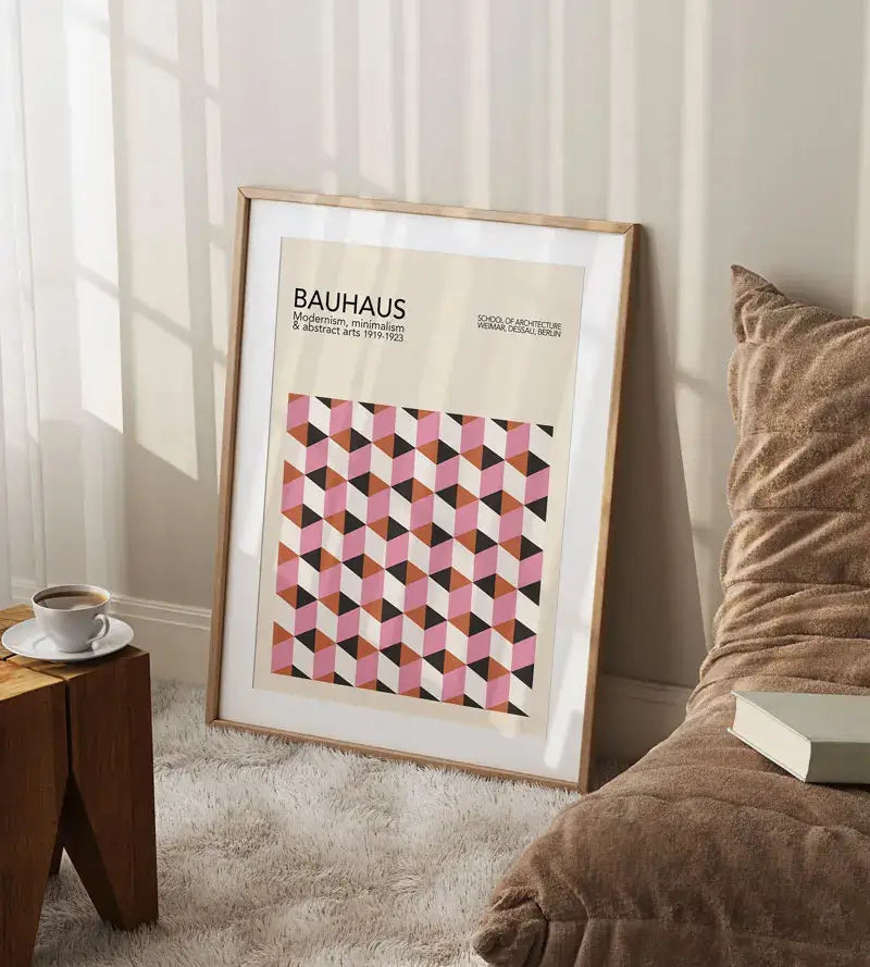 Pink & green geometric bauhaus canvas print living room wall art