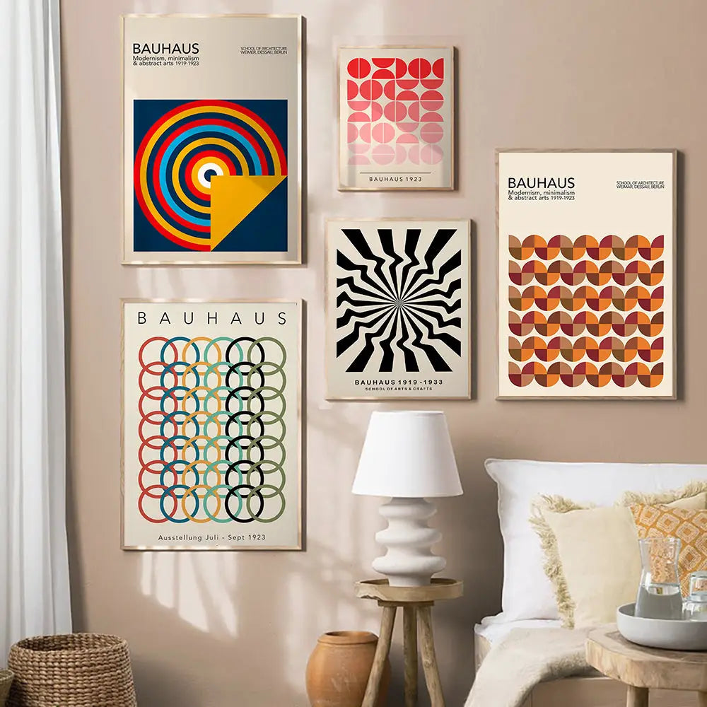 Pink & green geometric bauhaus canvas print living room wall art