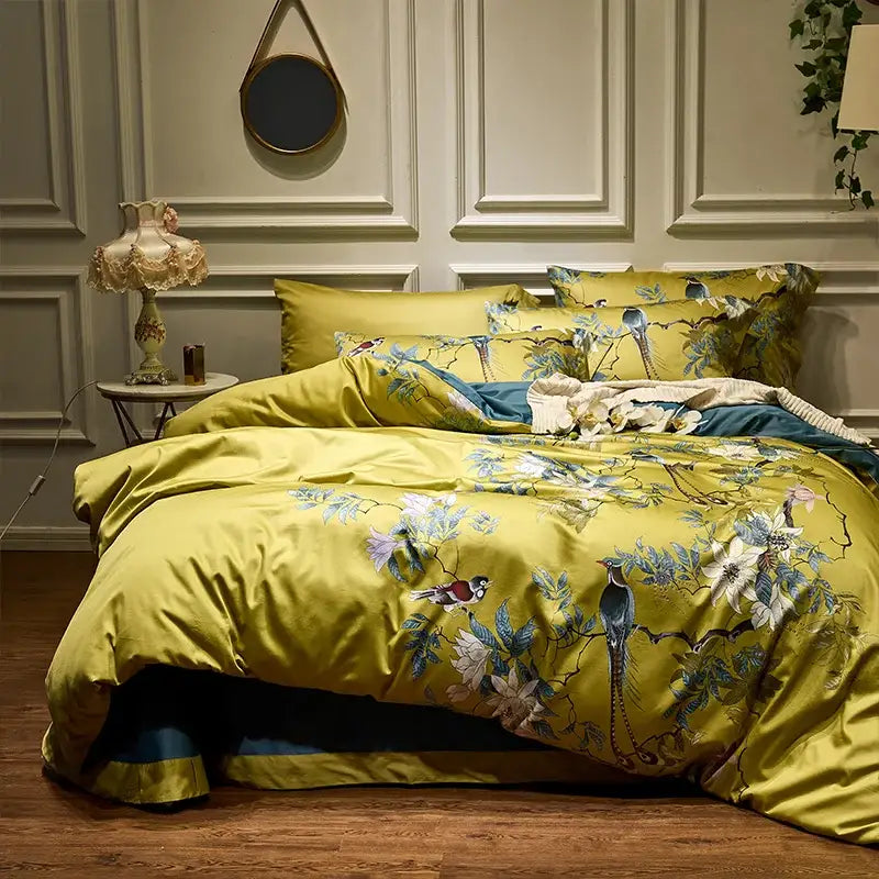 Luxury flamingo and leaf egyptian cotton duvet cover bedroom set