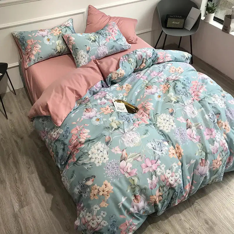 Luxury flamingo and leaf egyptian cotton duvet cover bedroom set