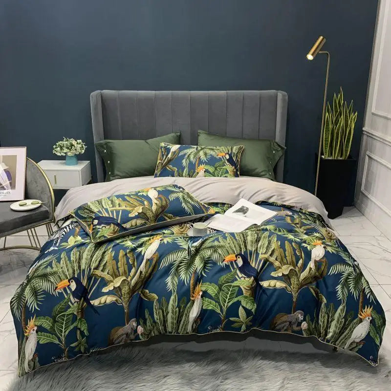 Tropical blue flamingo leaf duvet cover king size bedroom bedding