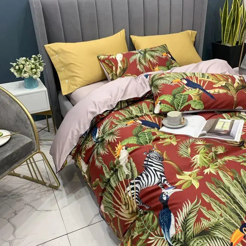 Tropical blue flamingo leaf duvet cover king size bedroom bedding