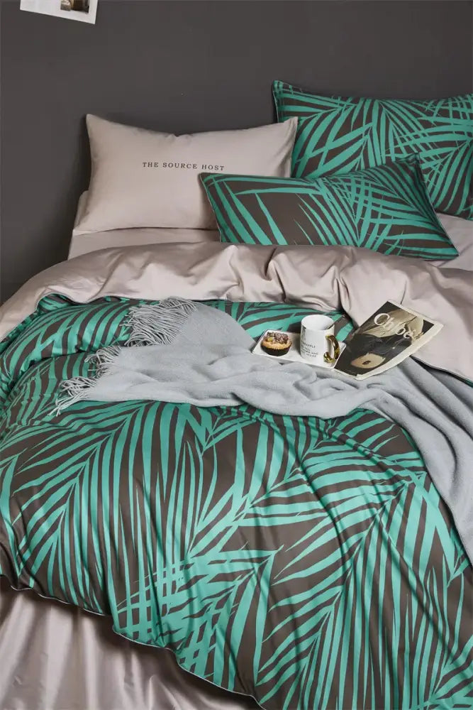 Tropical blue flamingo leaf duvet cover king size bedroom bedding