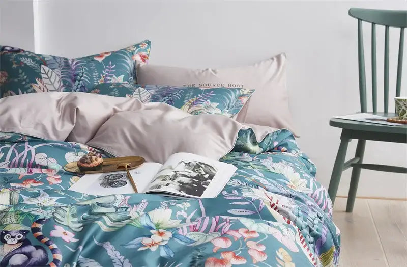 Tropical blue flamingo leaf duvet cover king size bedroom bedding