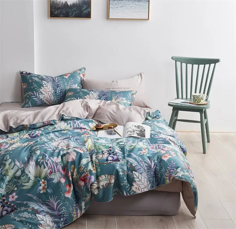 Tropical blue flamingo leaf duvet cover king size bedroom bedding
