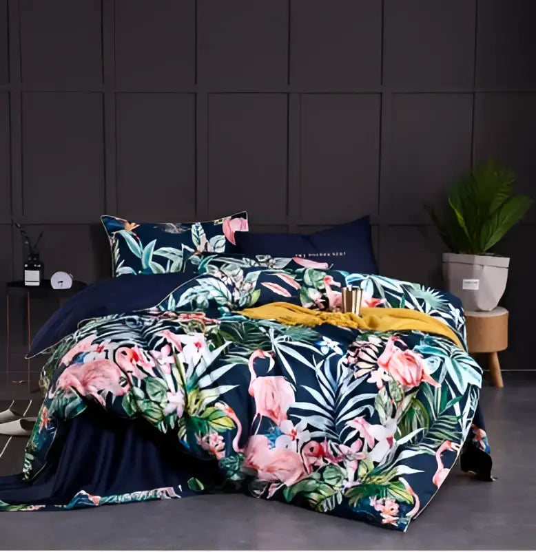 Tropical blue flamingo leaf duvet cover king size bedroom bedding