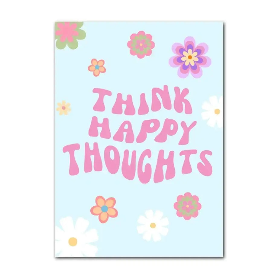 Pastel blue think happy thoughts smiley flower wall art bedroom