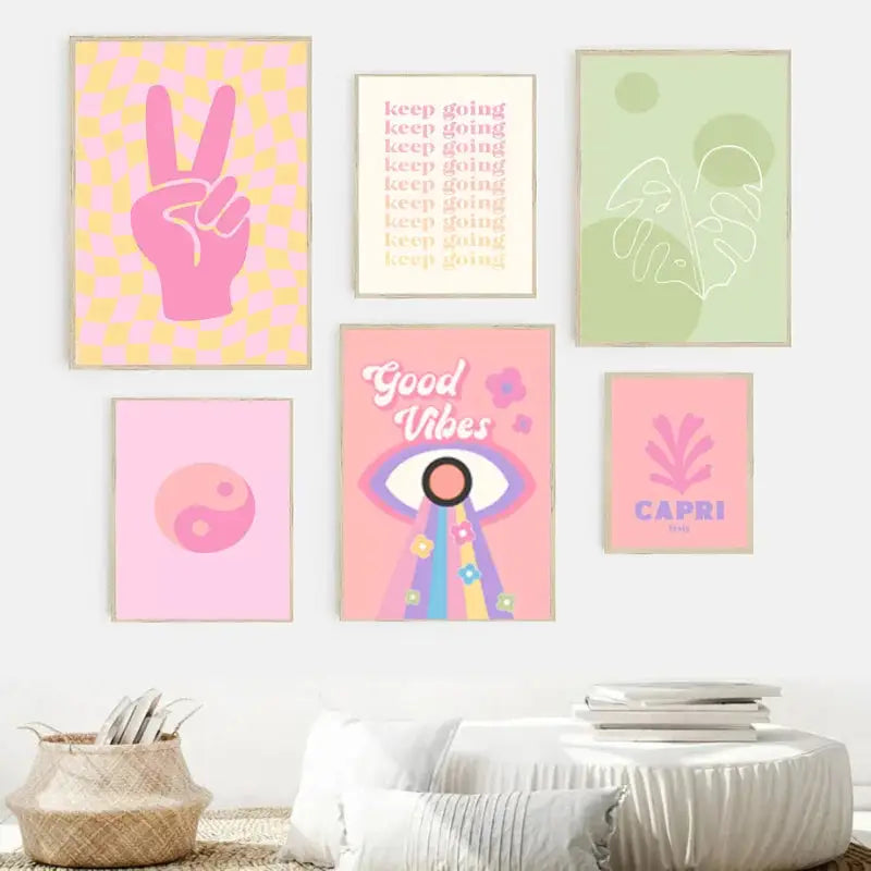 Pastel blue think happy thoughts smiley flower wall art bedroom