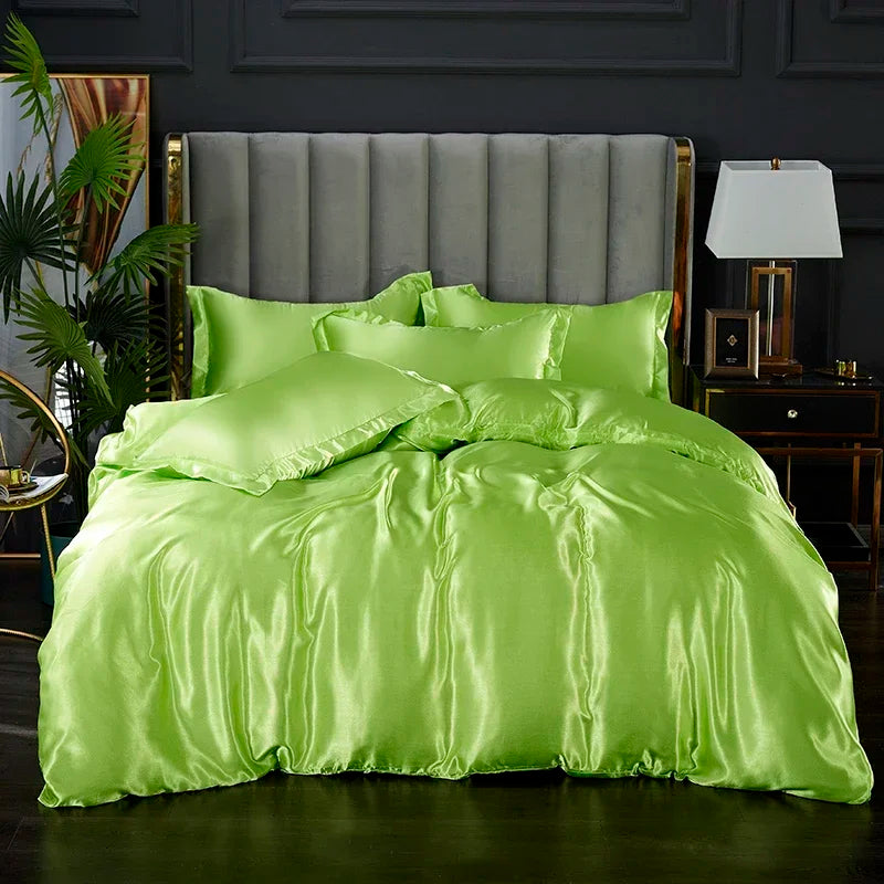 Teal satin bed sheet set with matching pillowcases for bedroom