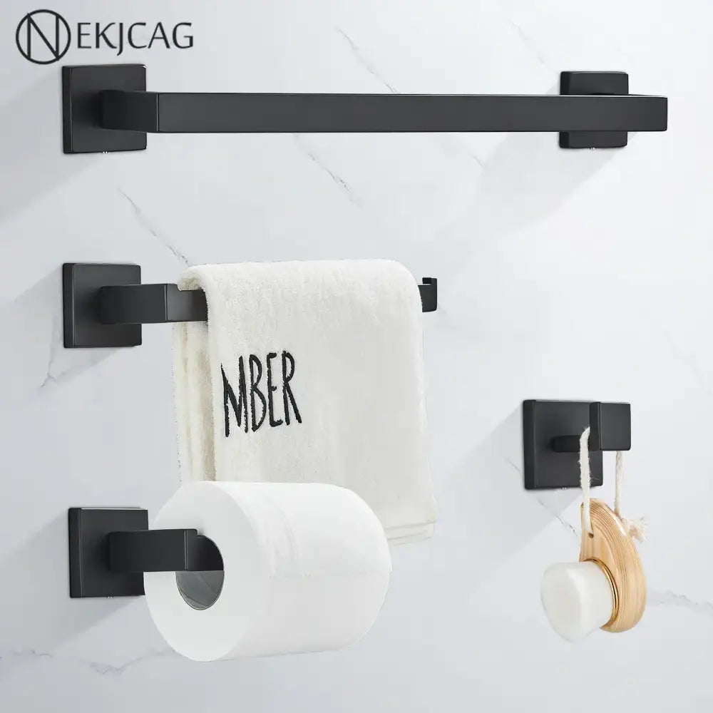 DecorBites™ Black Bathroom Hardware Set: Robe Hook, Towel Rail, Shelf, Tissue Holder